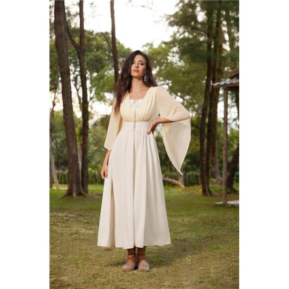 Women Bell Sleeve Fairy Dresses Split Maxi Apricot - Picture 3 of 7